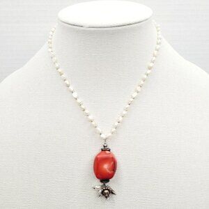 Vintage Brighton Red Coral Stone & White Freshwater Pearls Necklace 16"